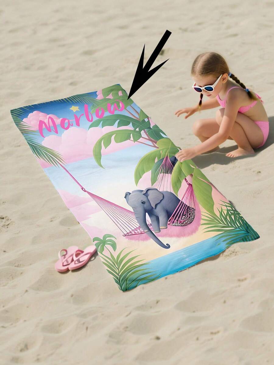 1 Khăn tắm biển in hình voi và cọ nhiệt đới dễ thương, khăn hình chữ nhật bằng sợi microfiber mềm mại, thiết kế tên theo yêu cầu, nhanh khô, không bám cát, lý tưởng cho các chuyến đi biển của trẻ em và các bữa tiệc bể bơi mùa hè. - Nhiều màu - Xem 1