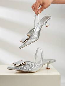 Women's Metal Buckle Pointed Toe High Heel Pumps, Spring/Summer - Silver - View 2