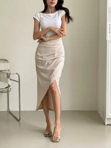 ARA CHIC Women's Apricot Pleated Waist Slit Fitted Mid-Length Dress, Suitable For Work, Dates And Vacation, New Spring/Summer Collection - Beige - View 1