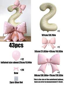 43pcs Birthday Theme 0-9 Number Balloon Set, 40-Inch Cream Color Number Foil Balloons, Pink Bow Balloons, Pink Latex Balloons, Bow Ribbon Accessories Suitable For Birthday Party, Anniversary Decoration - Birthday Suit - View 13