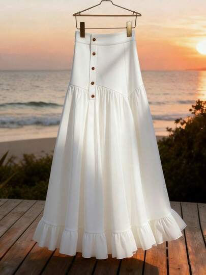 Falda midi elegante y casual de unicolor con volantes en el bajo y botones delanteros, adecuada para citas, viajes, vacaciones y ocasiones de noche, color blanco primaveral