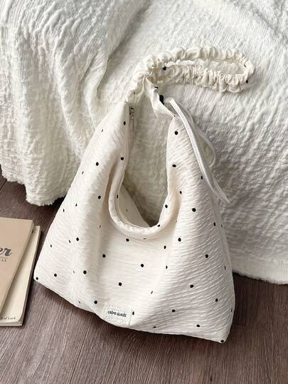 1pc Casual Drawstring Pleated Shoulder Bag, Lightweight Foldable Zipper Closure Adjustable Strap, Suitable For Daily Use, Commuting, Gift, School, College, Simple & Cute Polka Dot Decor, Large Capacity Beige Fabric Bag