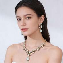 1 Bộ trang sức nữ thanh lịch, vòng cổ và hoa tai 3 món thích hợp cho cô dâu, đám cưới, tiệc, những dịp trang trọng - bộ trang sức - Xem 3