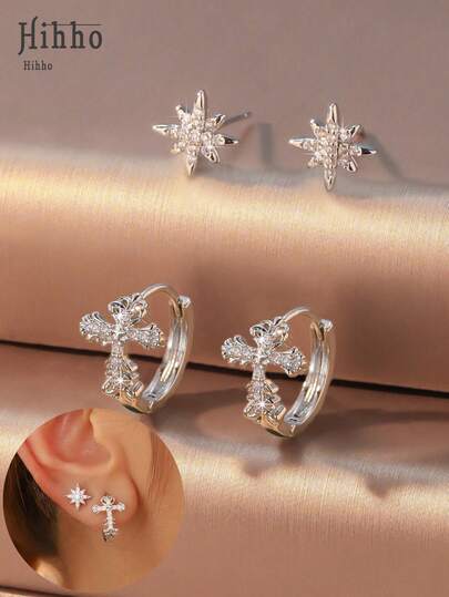 Hihho Bộ 4 khuyên tai hình thánh giá họa tiết ngôi sao tỏa sáng, đính đá Cubic Zirconia cổ điển, phong cách retro Âu-Mỹ, phù hợp cho đeo hàng ngày, hẹn hò, dự tiệc, lễ hội âm nhạc.