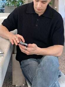 新款春夏男士纯色针织Polo领休闲宽松韩版商务通勤针织短袖上衣 - 黑色 - 查看 4