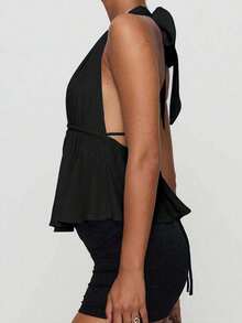 Sexy Fashionable Deep V-Neck Spaghetti Strap Tie Design Backless Camisole, New Arrival Spring/Summer Casual Black - Black - View 8