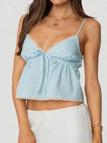 Women V Neck Y2k Babydoll Top Fairy Camisole Summer Ruffle Hem Tanks Cute Sleeveless Going Out Camis Shirt - Blue - View 5