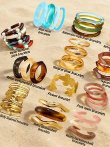 Random 12/7/4/3/1 Pcs Vintage Elegant Bohemian Summer Holiday Minimalist Basic Bracelet Set, Colorful Bamboo Knot, Tie Dye Resin, Golden Geometric Irregular, Carved Flower Cuff Bracelets, Suitable For Women Daily, Beach, Party, Y2K Cute Jewelry Gift - Multicolor - View 2
