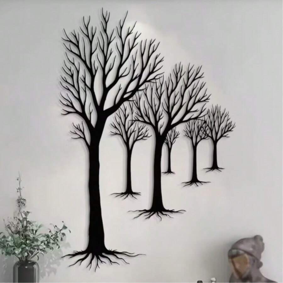 1 buc., 40 cm Modern Forest Path Art Metal Wall Art - Decor de perete în stil natural - Design minimalist cu linie de copac - Artă metalică suspendată pentru sufragerie, dormitor, intrare - Decor elegant suspendat pentru perete - Cadou de casă nouă - Negru - Vizualizare 1