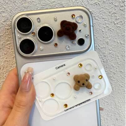 可爱3D小熊闪光钻石珍珠防刮透明底膜，适用于苹果17ProMax/17Pro相机配件，耐用透明保护层镜头盖，时尚闪亮哑光柔软防刮底膜，Y2K礼物的完美之选
