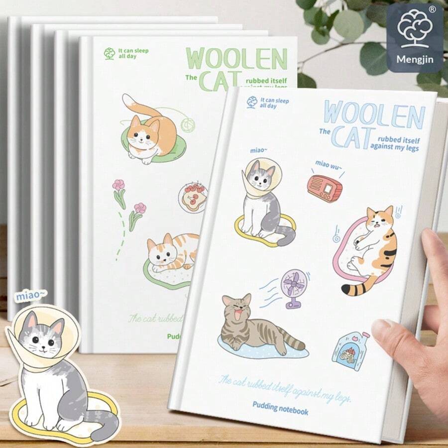 Cute Student Hard Cover Notebook, Matte Hard Shell Notebook, A5/Classroom Notes, Cat Language Diary Ruled, Thick Hard Cover, 80 Sheets/160 Pages, 145*210mm, Cartoon Cat Pattern, Student Workbook Diary - Notebook - View 1