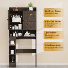 Over The Toilet Storage Cabinet, 32.3" W Farmhouse Bathroom Storage Cabinet Above Toilet With Toilet Paper Holder And Barn Doors, Freestanding Restroom Organizer Space Saving Rack, Rustic Brown - Brown - View 5