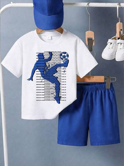 2pcs Boys' Casual Short Sleeve Top And Shorts Set, Sporty Printed, Suitable For Outing/Daily/Sports