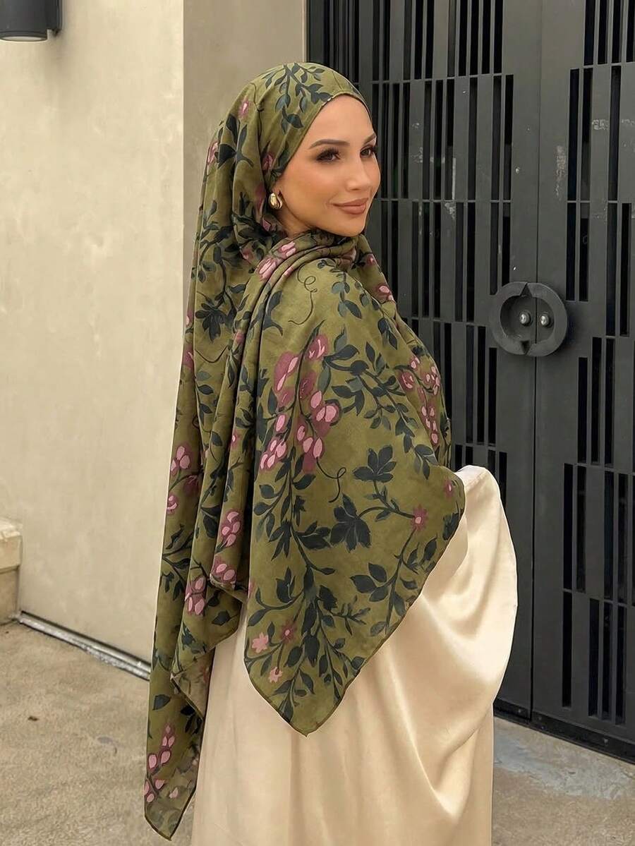 1条女士围巾，饰有波西米亚风花卉、水彩、大理石纹、波纹、扎染印花，适合日常佩戴