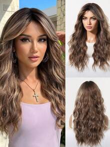 Tóc giả hai tông màu nâu điểm vàng dài 22 inch, kiểu sóng bồng bềnh, có mái rẽ, được làm bằng máy, làm từ chất liệu tổng hợp chịu nhiệt, trông tự nhiên, thích hợp để đội hàng ngày khi đi biển và dự tiệc. - màu nâu - Xem 2