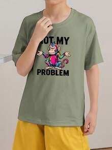 男童休闲印花圆领短袖T恤，夏季上衣 - 橄欖綠 - 查看 2