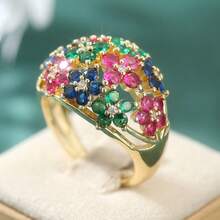Women's Luxury Colorful Cubic Zirconia Shiny Geometric Round Wide Ring, Gold Finger Jewelry, Suitable As Wedding Gift - Gold - View 2