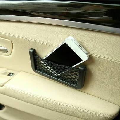 2 piezas Bolsa de red de almacenamiento de teléfono multifuncional negro para coche, diseño autoadhesivo que se puede pegar en cualquier lugar del interior del coche, compartimento de rejilla para organizar el teléfono, tarjetas y talla grande, manteniendo el interior del coche ordenado y sin problemas.