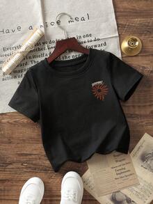 1件婴儿/幼儿男童创意卡通图案字母标语印花基本款圆领短袖T恤，休闲时尚 - 黑色 - 查看 4