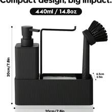 4-In-1 Kitchen Soap Dispenser Set - Soap Dispenser, Brush, Sponge Holder, Towel Rack (Striped Black) - 4-in-1 Black Stripes - View 8