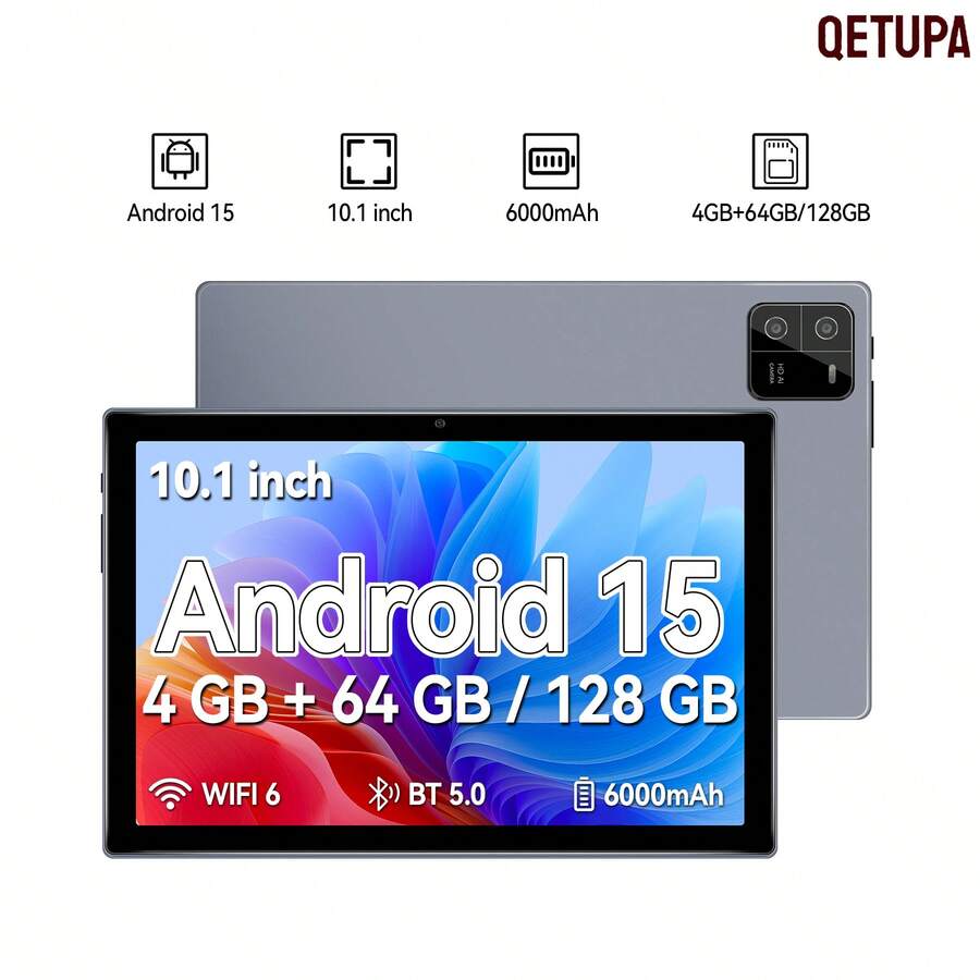 Qetupa 10.1 吋 PAD6 Android 15 平板電腦,RK3562 八核心 2.0GHz 處理器,4GB RAM,64GB/128GB ROM,802.11ac WIFI5 2.4G+5G,BT 5.0,HD (1280x800) IPS 觸控螢幕,5MP+13MP 雙鏡頭,6000mAh 長效電池 - 灰色 - 查看 1