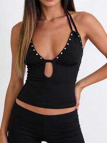 Womens Solid Halter Tank Tops Adjustable Tie Neck Front Cutout Slim Fit Vest With Round Stud Detail - Black - View 5