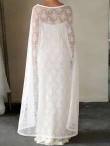 Women's Lace Long Poncho Fashionable Elegant Lightweight Solid Color Shawl Wrap for Evening Party - Blanco - Ver 2