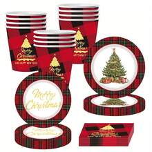 圣诞格子金箔圣诞树一次性餐具套装 - 10 件套，包括 9/7 英寸餐盘、9 盎司杯子和餐巾纸，印有“圣诞快乐”字样，适用于圣诞派对、节日聚会和新年庆祝活动。 - 彩色 - 查看 2