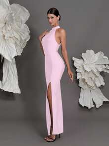 Backless Knitted Bandage Dress, European And American Luxury New Style, Sexy Slit Evening Gown, Fitted Pencil Dress For Family Parties And Formal Occasions Party Wedding Spring - Baby Pink - View 3