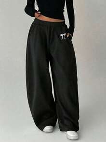 1pc Girls' Teen Loose Fit Bow Print Straight Leg Pants, Warm For Spring, Autumn, Winter - Black - View 2