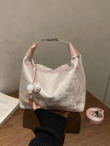 1件绗缝拉链封口印花新月刺绣锁扣手提包，通勤多功能单肩包，斜挎包，时尚女士晚宴手拿包，口红包，时尚礼品，适合女士派对、晚宴和日常使用 - 粉色 - 查看 11