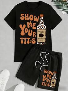 2 Piece Cotton Men's T-Shirt Set Unisex Graphic Set Show Me Your Tito's Vodka Comfortable And Versatile Sports Wear Daily Outfits - 黑色 - 查看 1