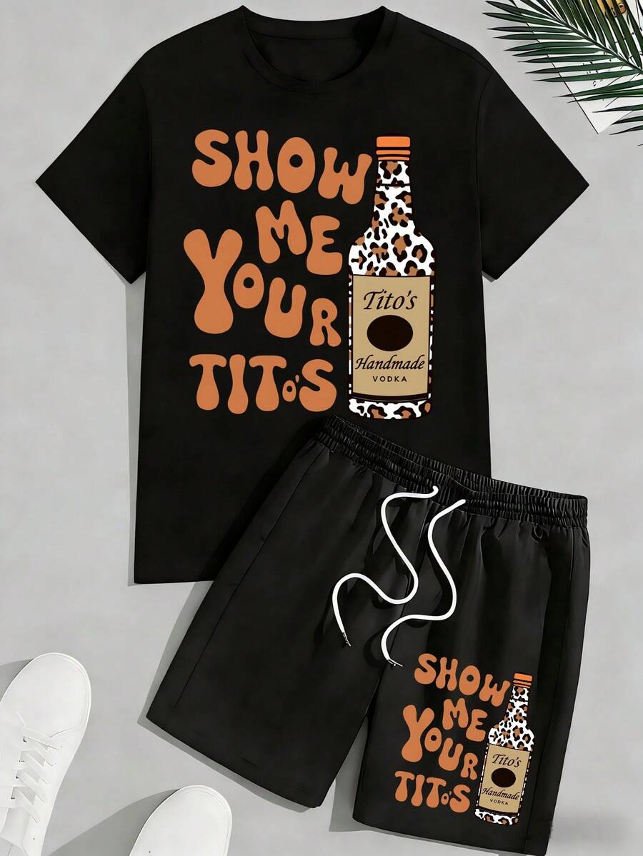 2 Piece Cotton Men's T-Shirt Set Unisex Graphic Set Show Me Your Tito's Vodka Comfortable And Versatile Sports Wear Daily Outfits - 黑色 - 查看 1