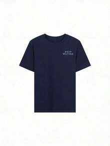 Cute Marine Life Print Women's Loose T-Shirt, Round Neck Short Sleeve Summer Top, Vintage Street Style Washed Cotton Graphic Tee For Vacation Daily - 藏青色 - 查看 2