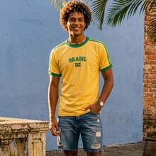 Men's Retro Brazil T-Shirt With Embroidered Design, Combed Cotton. - 黃色 - 查看 3