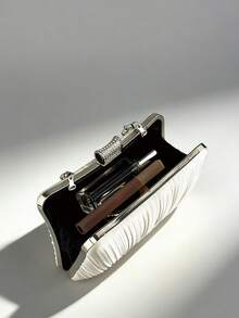 Pleated Satin Evening Clutch Ivory Rhinestone Clasp Formal Wedding Handbag With Decorative Handle - Apricot - View 4