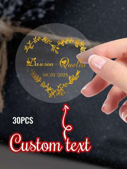 1-60Pcs Custom Stickers , Round, Transparent, And Gold-Foiled. These Waterproof And Oil-Resistant Labels Are Perfect For Weddings, Anniversaries, And Parties, Offering A Personalized Touch With Custom Text .