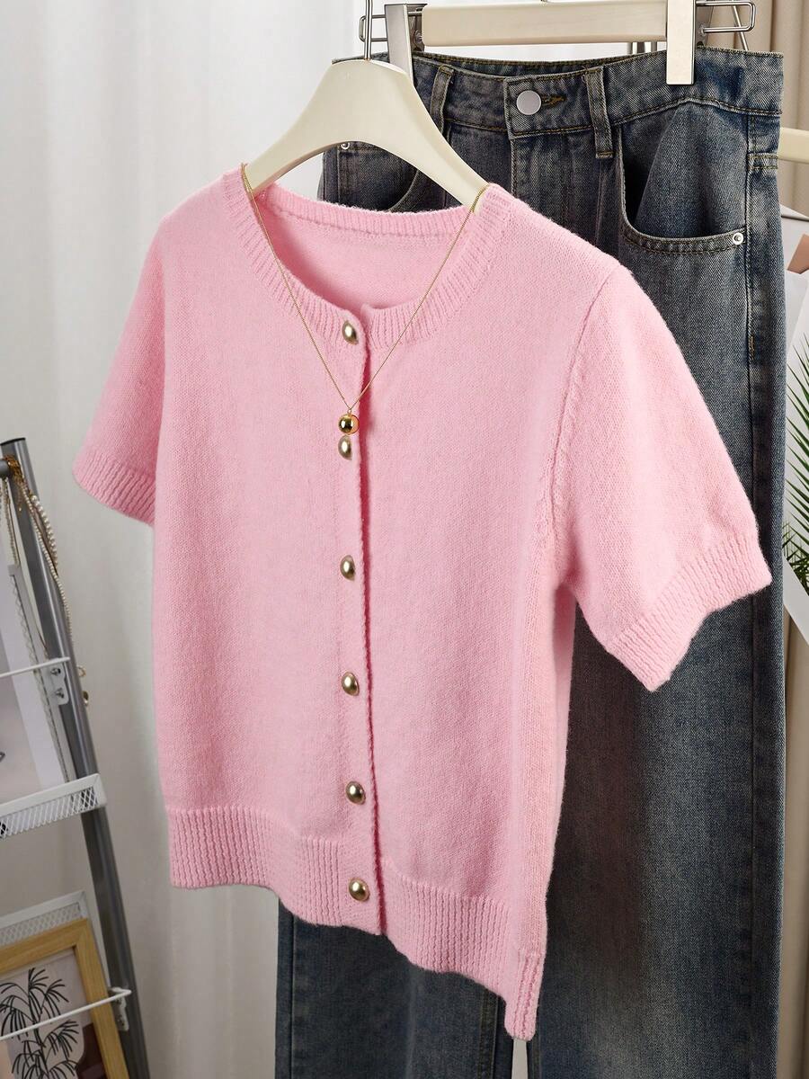 Cardigan Kancing Abu-abu Wanita - Cardigan Lengan Pendek Kasual Modis, Elastis, Siluet Bentuk H, Cocok untuk Musim Semi dan Musim Panas, Desain Detail Bergaris, Penutup Kancing, Kain Bernapas, Gaya Cardigan, Item Penting Musim Semi/Musim Panas Warna Pink