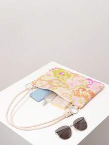 Bolso Tejido con Diseño Floral Calado, Bolso de Hombro Bohemio, Bolso de Paja Casual para Vacaciones, Bolso de Mano con Cierre Redondo de Metal, Estilo Playa (Patrón Aleatorio) - Multicolor 3 - Ver 7