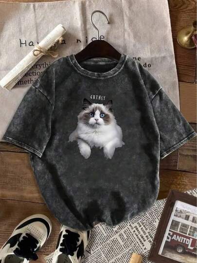 Camiseta de Mujer Estilo Y2K Lavada y Desgastada con Adorable Estampado de Gato Ragdoll, Top Casual de Manga Corta con Cuello Redondo para Primavera/Verano/Otoño, Camiseta para Uso Diario |   Camiseta con Diseño Divertido |   Camisa de Textura Suave 100% Algodón