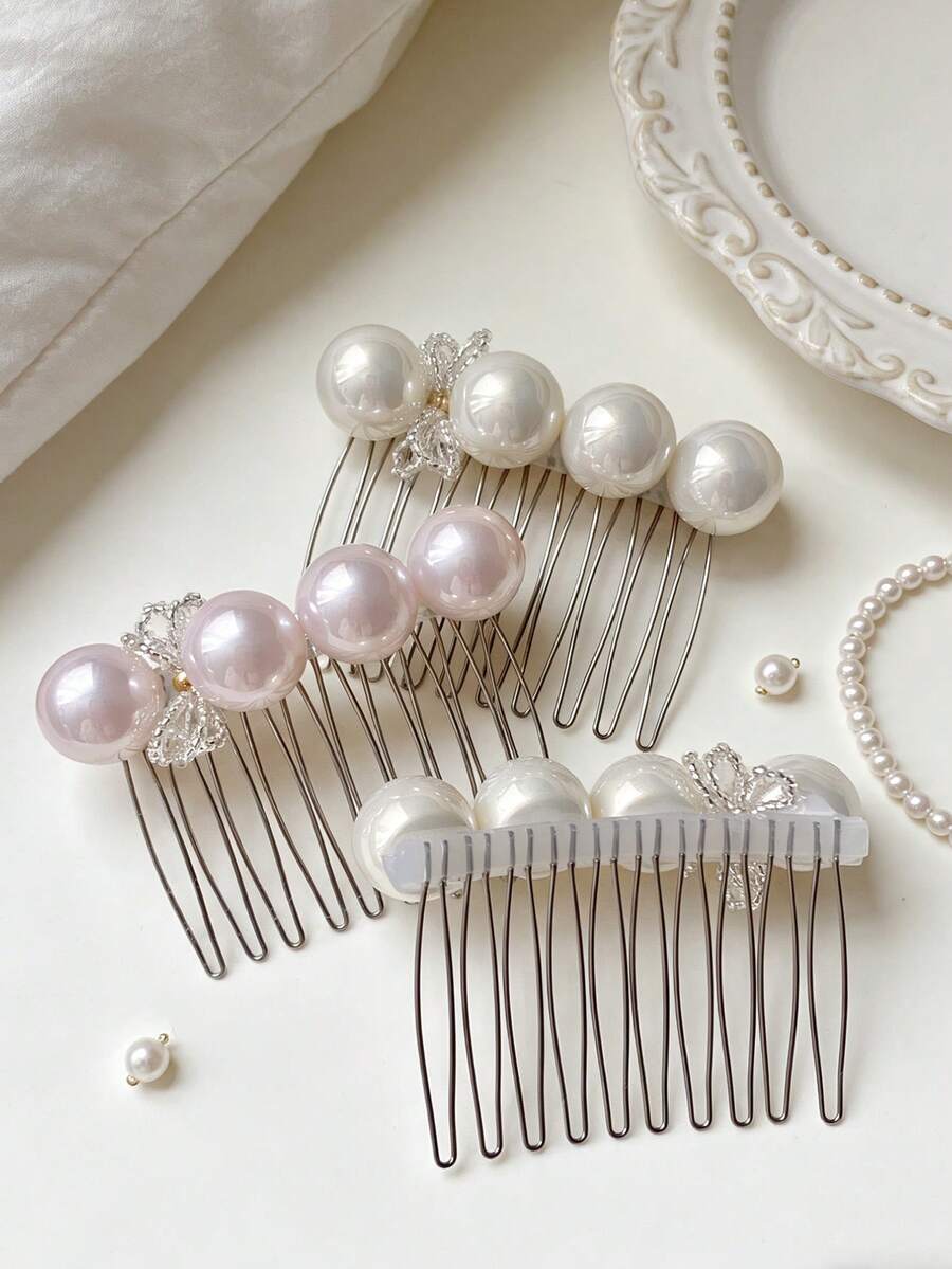 1件优雅奢华高光泽珍珠发梳，时尚甜美公主风发夹，新品上市 - 彩色 - 查看 1
