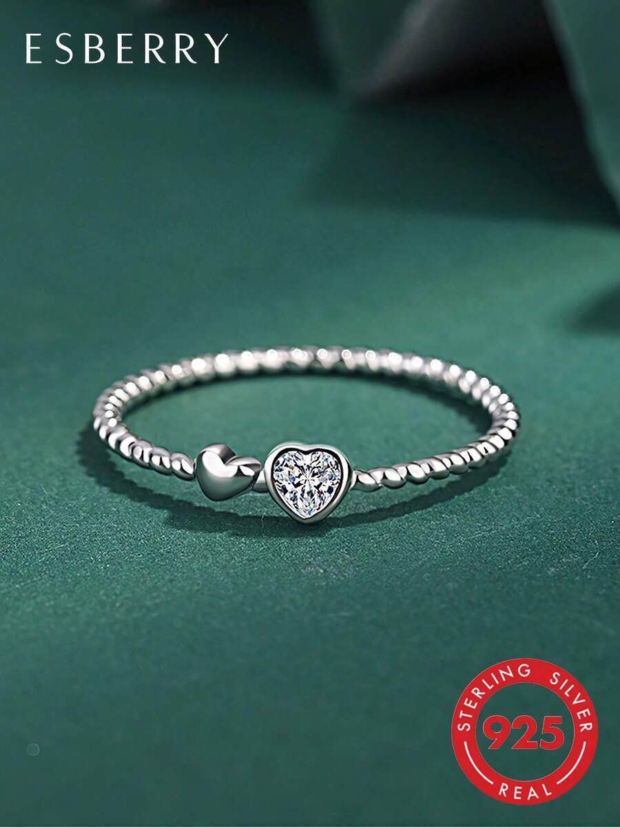 ESBERRY 1 chiếc nhẫn bạc Sterling S925 hình trái tim đôi, nhẫn đeo ngón tay tinh tế, quà tặng trang sức, quà tặng ngày Valentine - Bạc - Xem 1