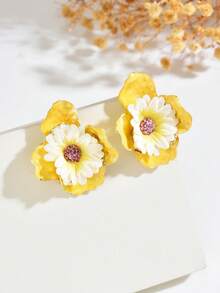 1 Pasang Anting Rumbai Bunga Kain Rafia Gaya Mori yang Manis dan Segar, Cocok untuk Liburan dan Pemakaian Sehari-hari Wanita - Kuning - View 5