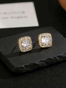 2pcs Micro-Inlaid Cubic Zirconia Square Earrings, Fully Paved Diamond-Like Stud Earrings, Fashionable Hiphop Ins Style Daily Wear Jewelry For Men - Yellow Gold - View 7