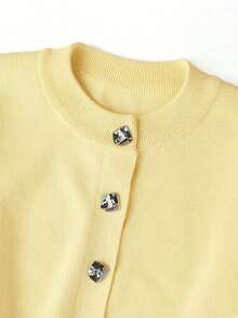 Cárdigan de punto de unicolor para mujer, suéter corto casual para uso diario y vacaciones, de alta calidad, para otoño/invierno - Amarillo - Ver 10