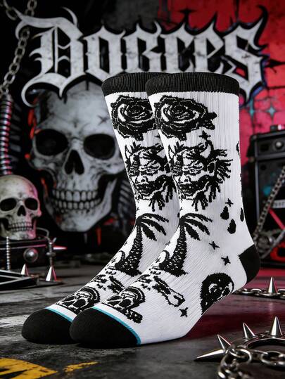 1 Pair Unisex Street Fashion Skateboard Basketball Hip Hop Socks, Designer Novelty Funny Crazy Socks With Demon Rose Design