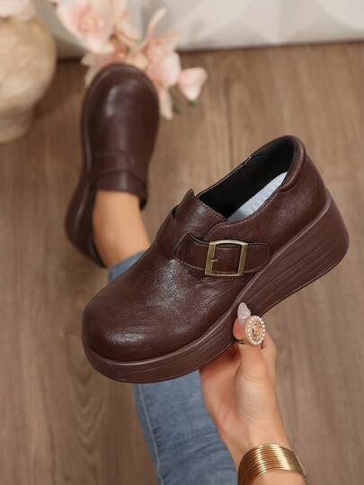 Women's Platform Loafers Shoes, British Style Round Toe Slip-On Vintage Shoes With Metal Buckle