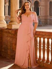 Women Plus Size Solid Color Elegant Mature Chiffon Bridesmaid Dress, Evening Party Dress For Wedding Guest, Maid Of Honor, Spring/Summer/Autumn Pink - Pink - View 9