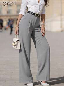 DONICY 女士纯色宽松直筒休闲西装裤，面料柔软舒适，宽松版型，显瘦拉长腿部线条，适合正式、休闲、办公、商务活动等场合，简约风格，春秋季穿着。 - 灰色 - 查看 9