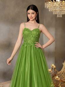 ALISA&LEO Tween Girl Elegant Evening Dress With Delicate Spaghetti Straps And Back Tie - Effortlessly Create Formal Spring/Summer Looks | Perfect For Prom And Formal Events - Green - View 5